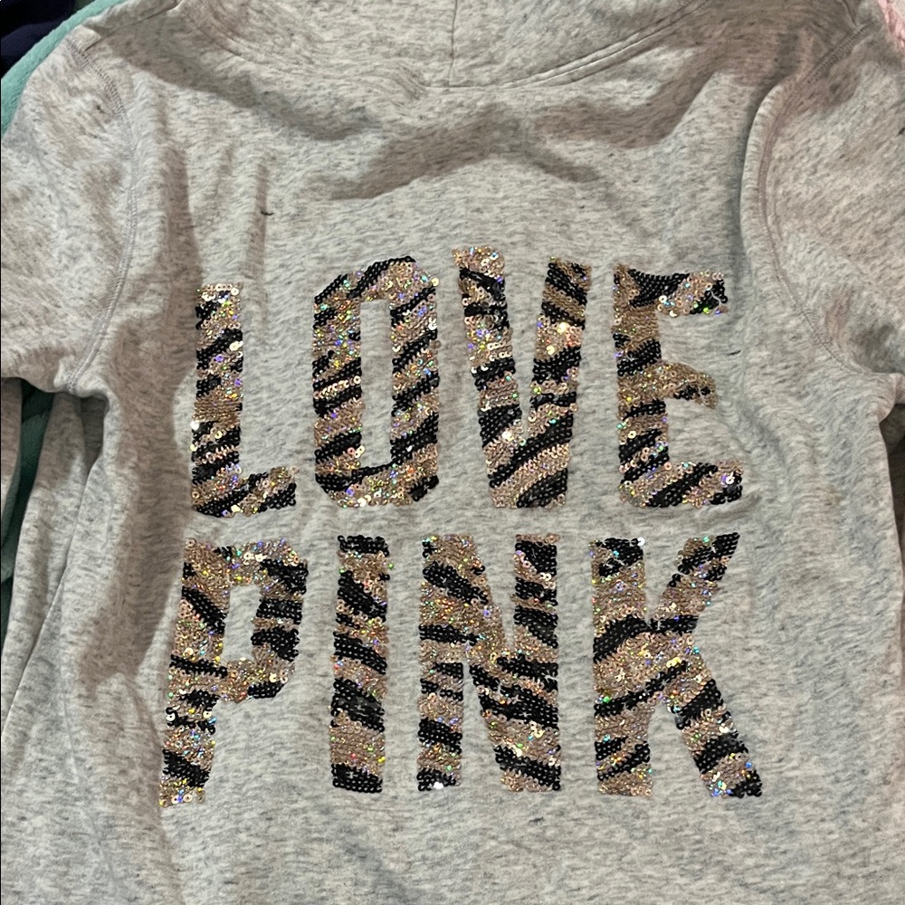 Victoria's Secret Gray Hoodie with Sequin Love Pink Design Zebra
